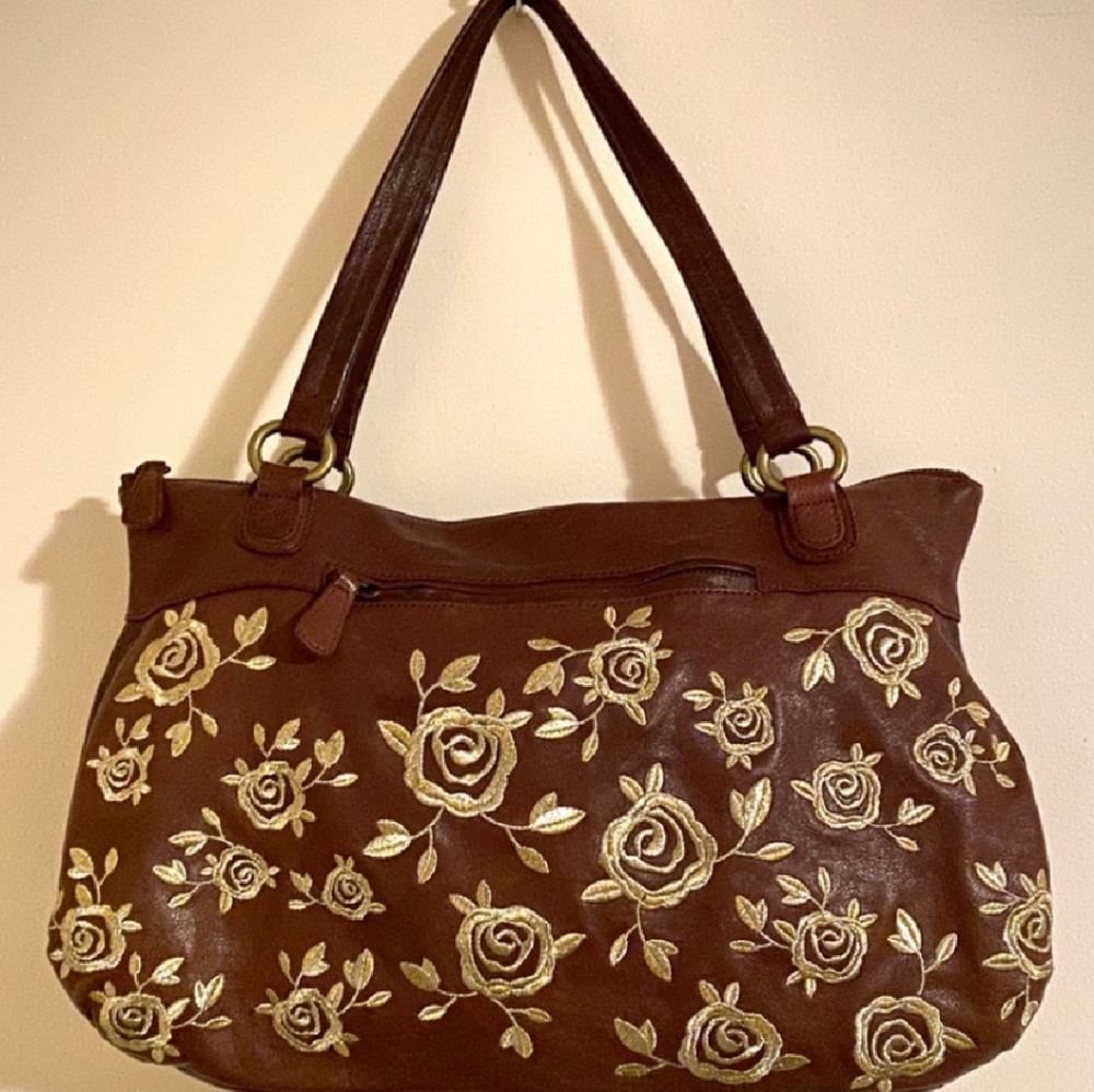 XL Leather Anthropologie Brown Floral rose handbag